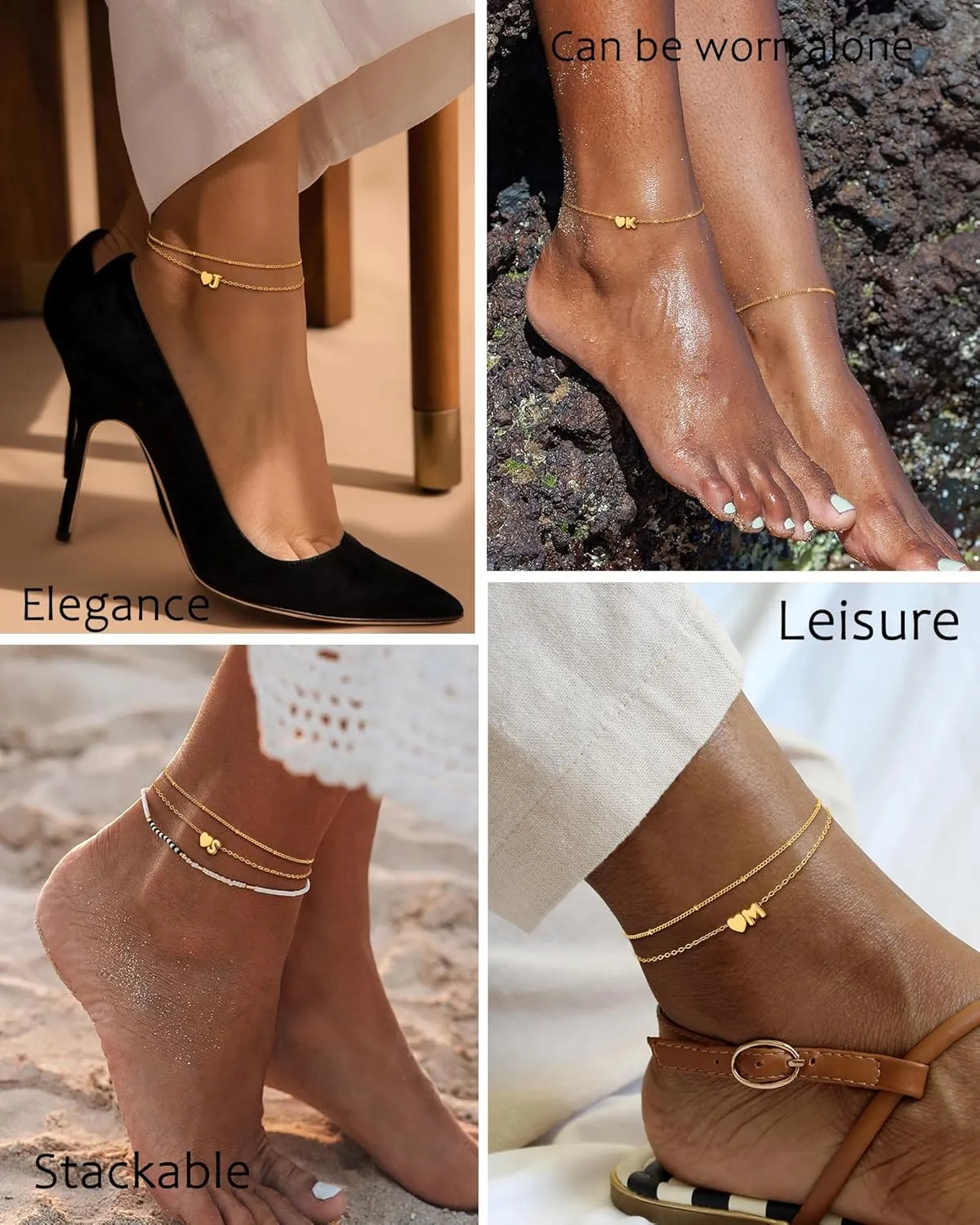 Initial Heart Gold Ankle Bracelets for Women Trendy 14K Gold Plated Dainty Layered Letter A-Z Heart Charm Anklets Set Non Tarnish Adjustable Anklet Handmade Waterproof for Summer Beach Foot Jewelry