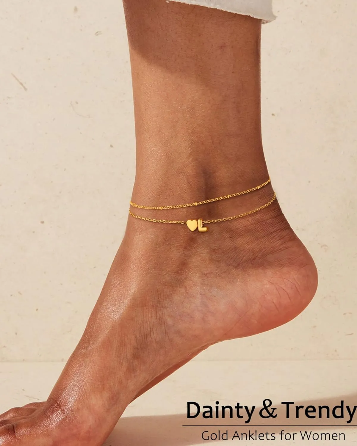 Initial Heart Gold Ankle Bracelets for Women Trendy 14K Gold Plated Dainty Layered Letter A-Z Heart Charm Anklets Set Non Tarnish Adjustable Anklet Handmade Waterproof for Summer Beach Foot Jewelry
