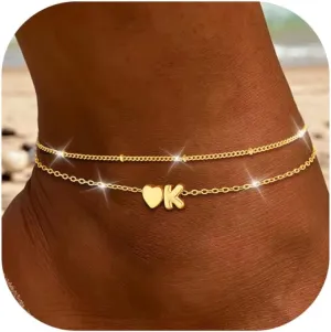Initial Heart Gold Ankle Bracelets for Women Trendy 14K Gold Plated Dainty Layered Letter A-Z Heart Charm Anklets Set Non Tarnish Adjustable Anklet Handmade Waterproof for Summer Beach Foot Jewelry