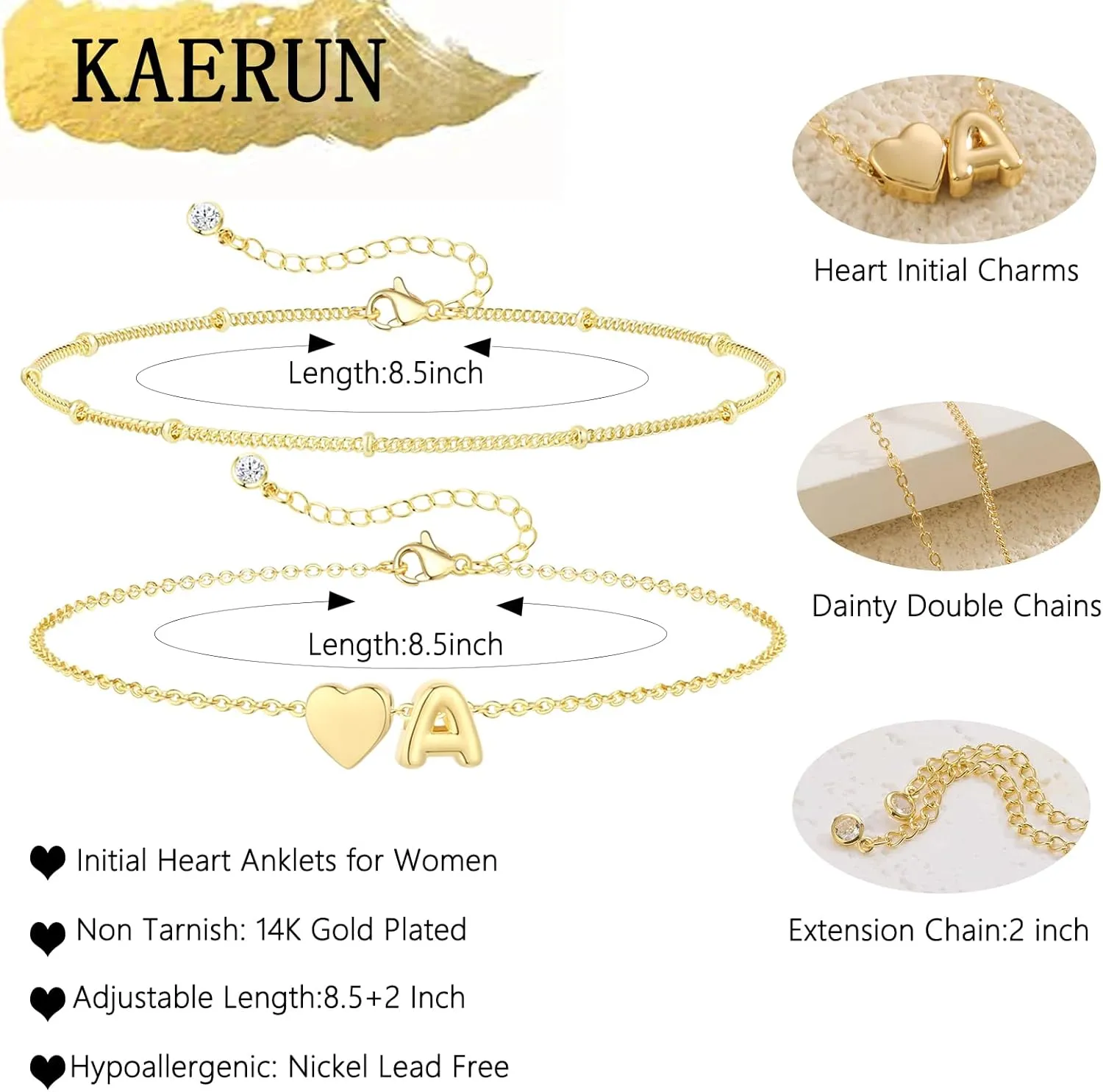 Initial Heart Gold Ankle Bracelets for Women Trendy 14K Gold Plated Dainty Layered Letter A-Z Heart Charm Anklets Set Non Tarnish Adjustable Anklet Handmade Waterproof for Summer Beach Foot Jewelry
