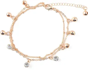 ink2055 Women Bell Rhinestone Charm Double Layer Anklet Foot Bracelet Beach Jewelry,Ankle Bracelets for Women Teen Girls Beach Jewelry Gifts