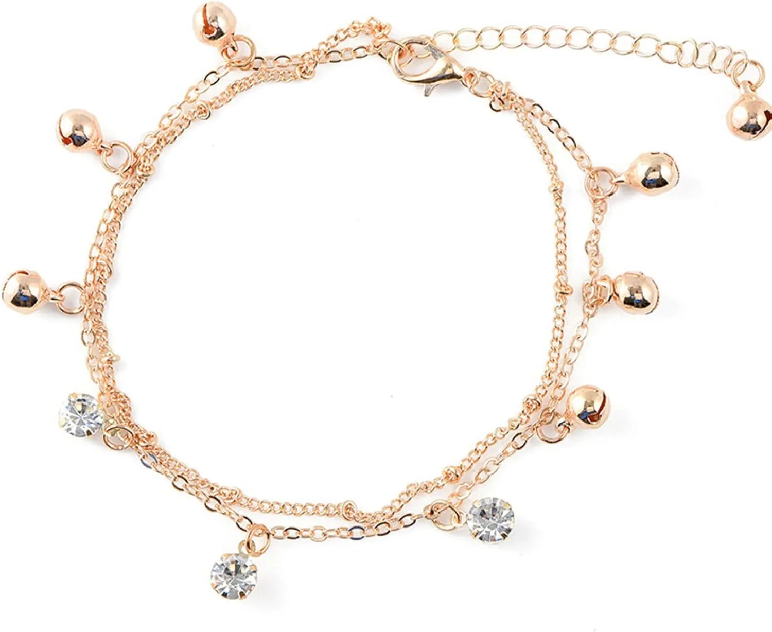 ink2055 Women Bell Rhinestone Charm Double Layer Anklet Foot Bracelet Beach Jewelry,Ankle Bracelets for Women Teen Girls Beach Jewelry Gifts