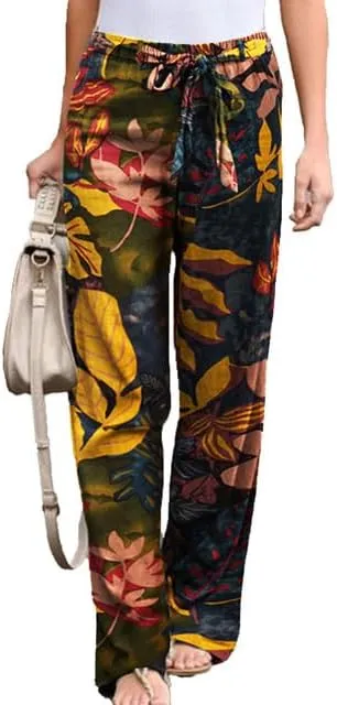 IVERIRMIN Women's Cotton Linen Straight Leg Lounge Pants Casual Floral Elastic Mid Waist Trousers Relaxed Pants with A Belt