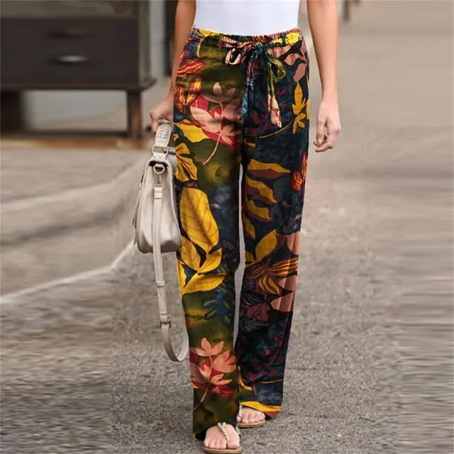 IVERIRMIN Women's Cotton Linen Straight Leg Lounge Pants Casual Floral Elastic Mid Waist Trousers Relaxed Pants with A Belt