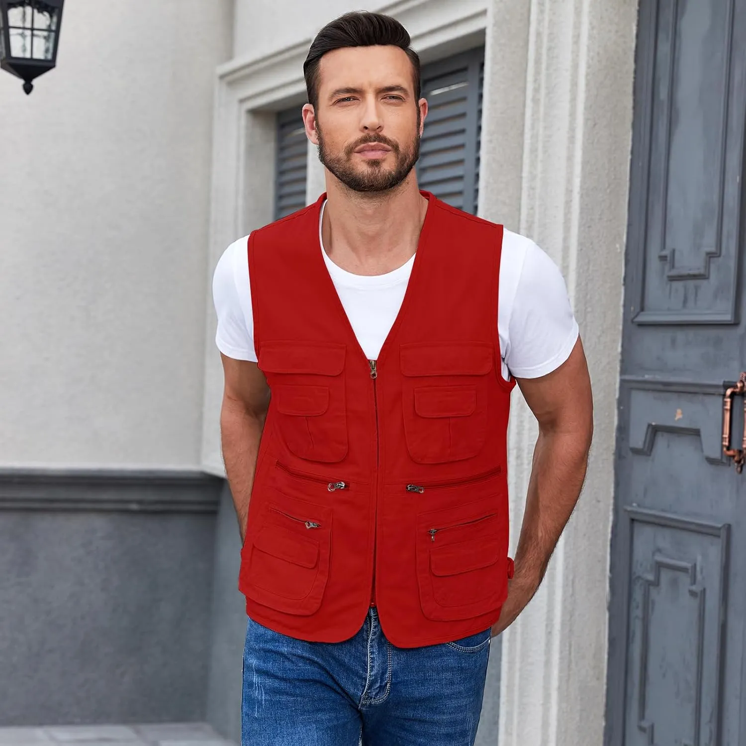 Jade Hare Men's Lightweight Fishing Safari Vest Travel Outdoor Work Sleeveless Jacket Cargo Vests Military Shooting Clothing