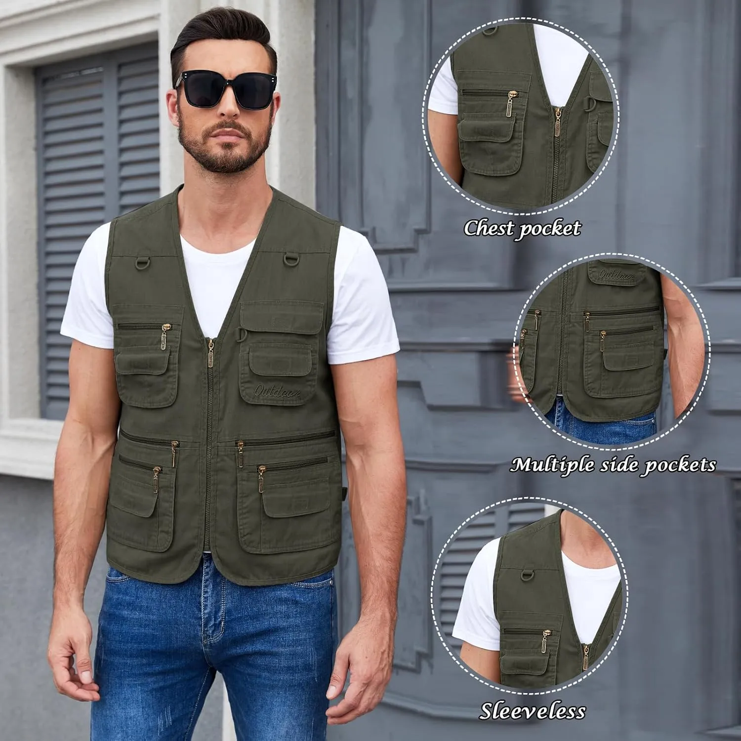 Jade Hare Men's Lightweight Fishing Safari Vest Travel Outdoor Work Sleeveless Jacket Cargo Vests Military Shooting Clothing
