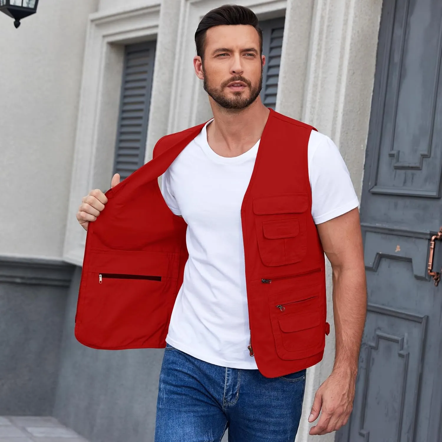 Jade Hare Men's Lightweight Fishing Safari Vest Travel Outdoor Work Sleeveless Jacket Cargo Vests Military Shooting Clothing
