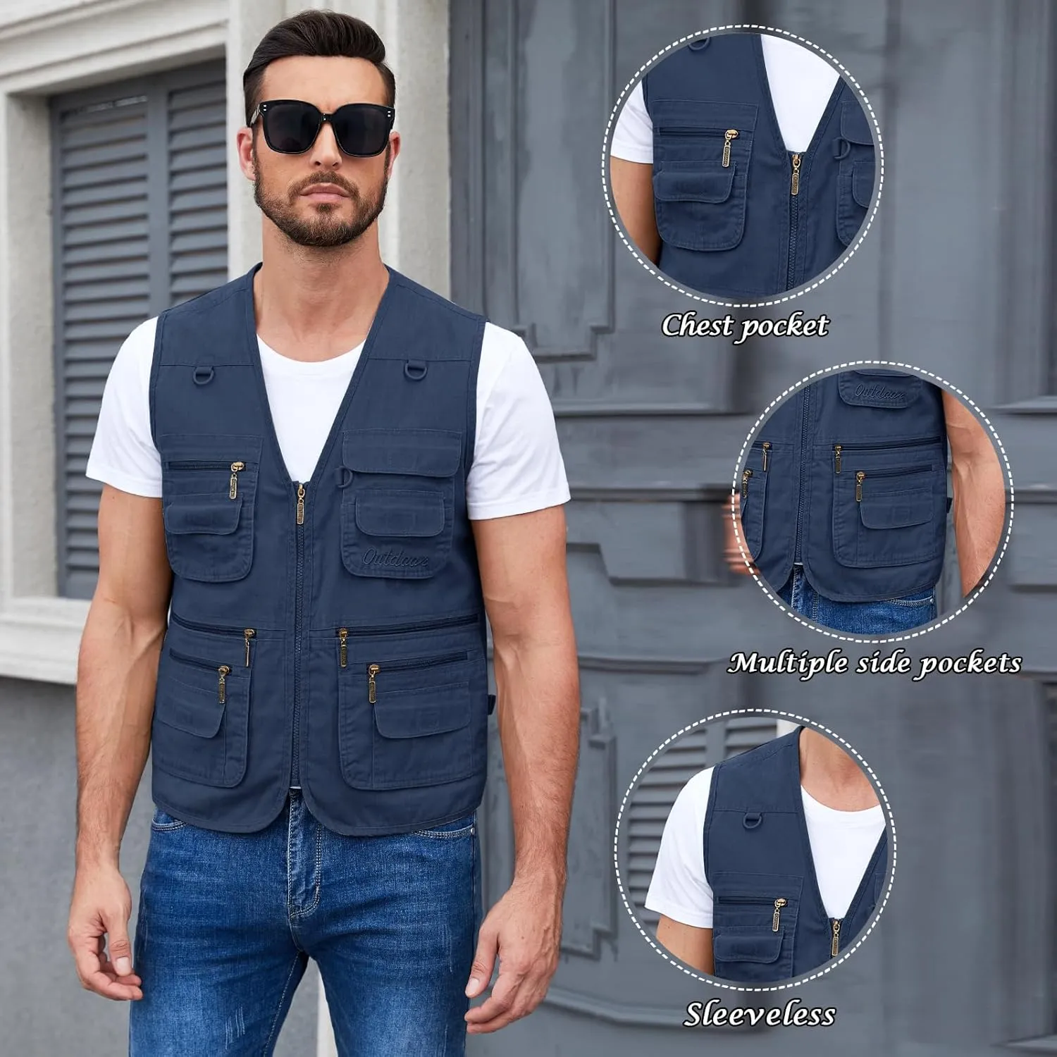 Jade Hare Men's Lightweight Fishing Safari Vest Travel Outdoor Work Sleeveless Jacket Cargo Vests Military Shooting Clothing