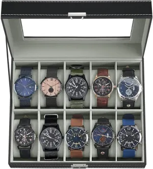 J&T Technology 10 Slot Watch Box for Men | Watch Case with Removable Pillows | Watch Display Case Watch Holder Organizer with Glass Lid,Gift for Loved Ones(Black01, 10 Slot)