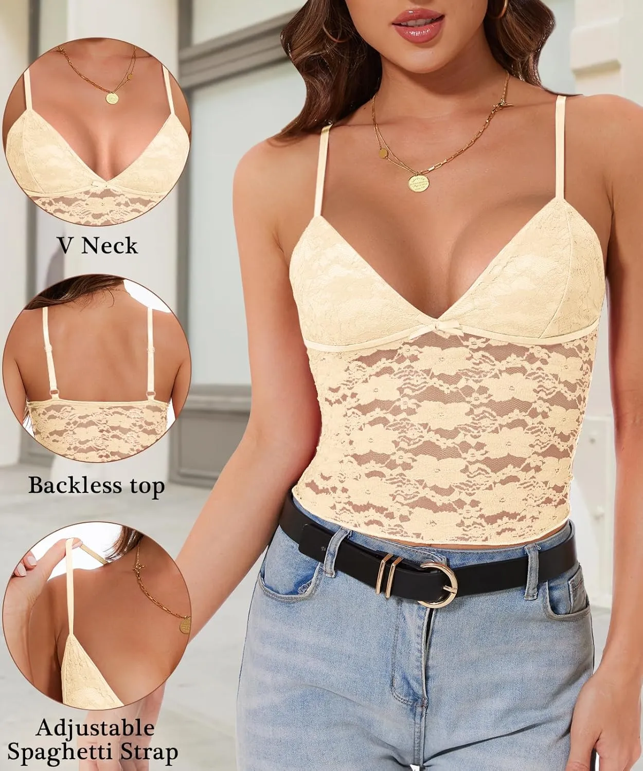 Jenbou Womens Y2k Lace Cami Tank Tops Going Out Crop Tops Spaghetti Strap Mesh See Through Camisole Summer Casual Tops