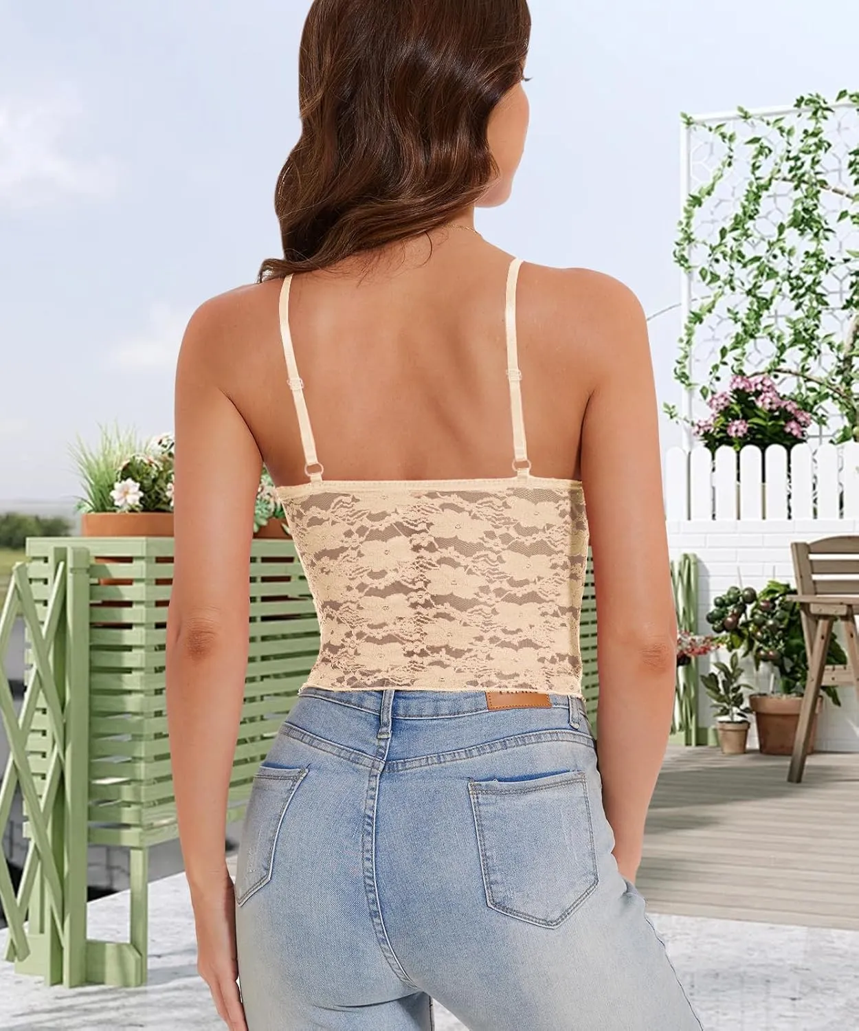 Jenbou Womens Y2k Lace Cami Tank Tops Going Out Crop Tops Spaghetti Strap Mesh See Through Camisole Summer Casual Tops