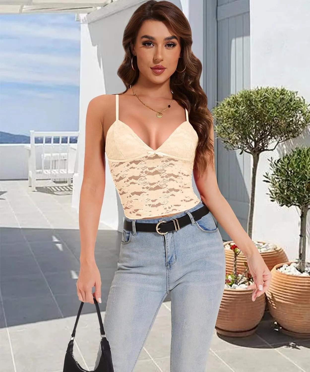 Jenbou Womens Y2k Lace Cami Tank Tops Going Out Crop Tops Spaghetti Strap Mesh See Through Camisole Summer Casual Tops