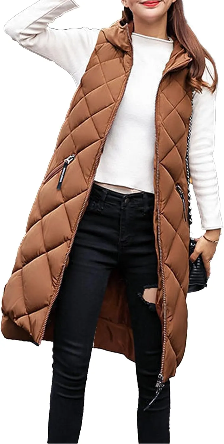 JEsilunmaMY Womens Long Down Vest Jacket Sleeveless Hoodie Full-Zip Hooded Puffer Vest Warm Cotton Padded Jacket Winter Coat