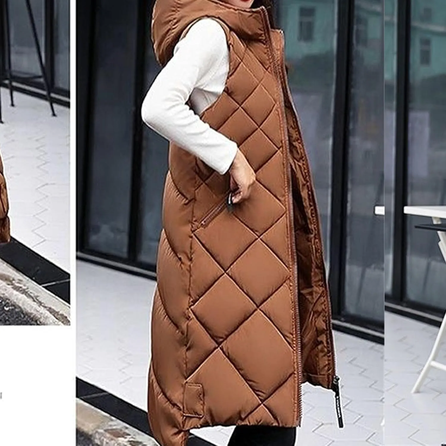 JEsilunmaMY Womens Long Down Vest Jacket Sleeveless Hoodie Full-Zip Hooded Puffer Vest Warm Cotton Padded Jacket Winter Coat