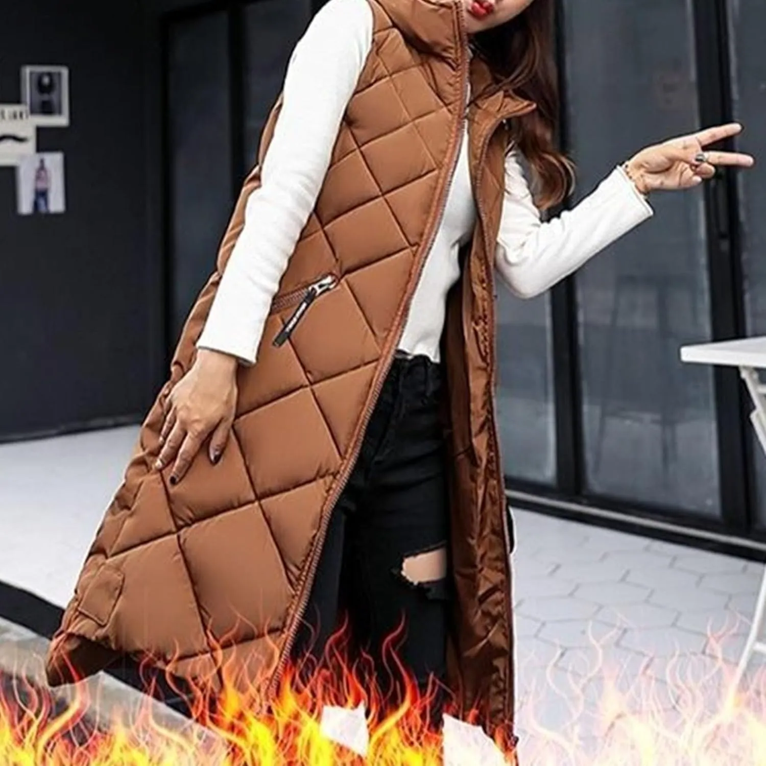 JEsilunmaMY Womens Long Down Vest Jacket Sleeveless Hoodie Full-Zip Hooded Puffer Vest Warm Cotton Padded Jacket Winter Coat