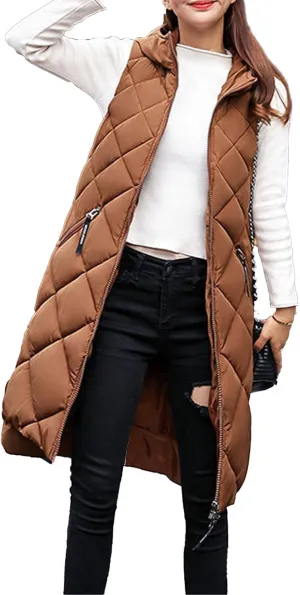 JEsilunmaMY Womens Long Down Vest Jacket Sleeveless Hoodie Full-Zip Hooded Puffer Vest Warm Cotton Padded Jacket Winter Coat