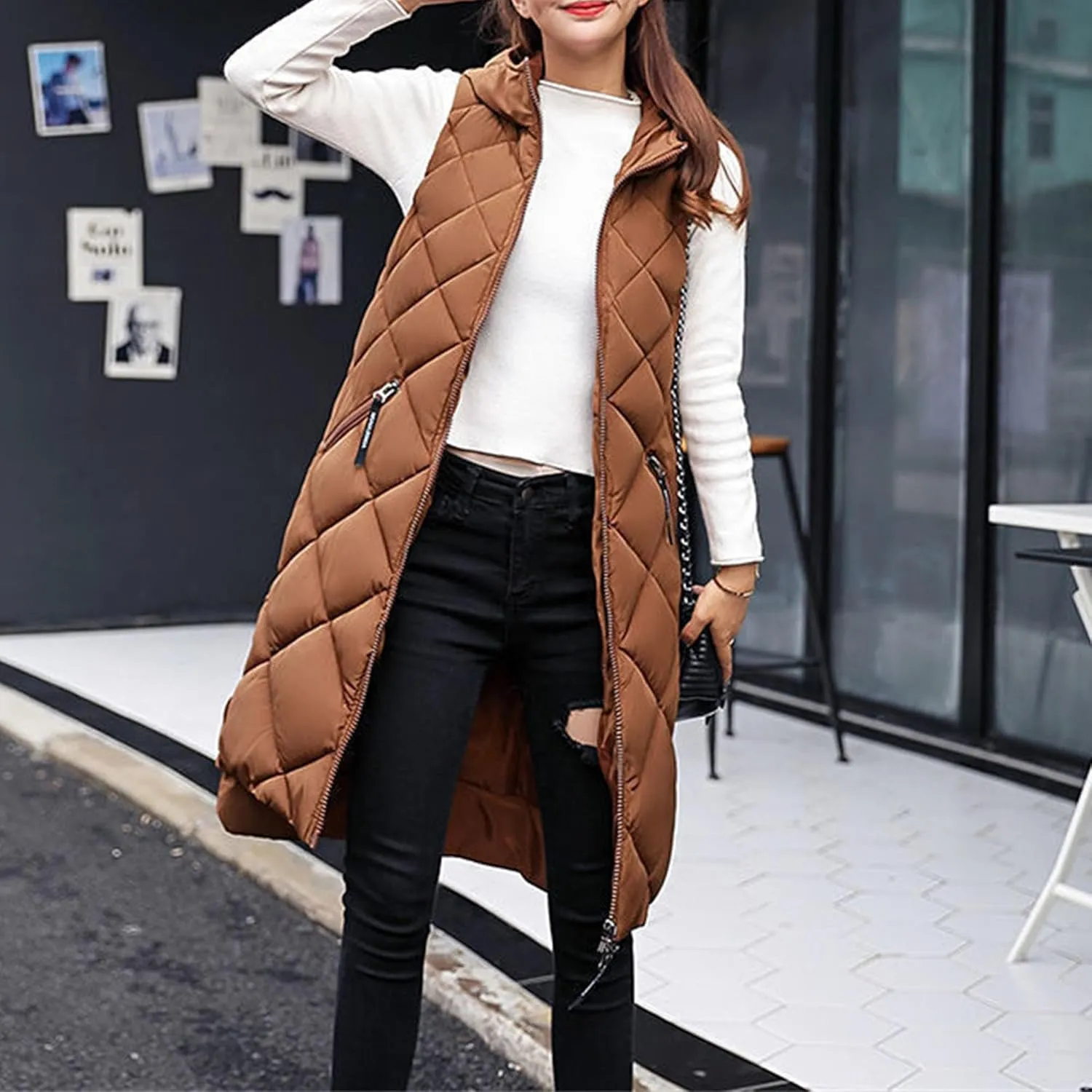 JEsilunmaMY Womens Long Down Vest Jacket Sleeveless Hoodie Full-Zip Hooded Puffer Vest Warm Cotton Padded Jacket Winter Coat