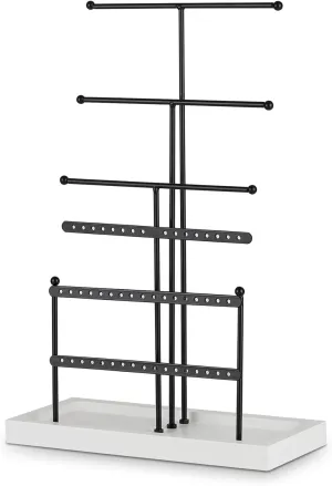 Jewelry Organizer 6 Tier Jewelry Holder Stand, Jewelry Tree Display Stand with Wood Tray, Necklace Holder Metal Tabletop Jewelry Tower for Earring Necklace Bracelet Ring, Black