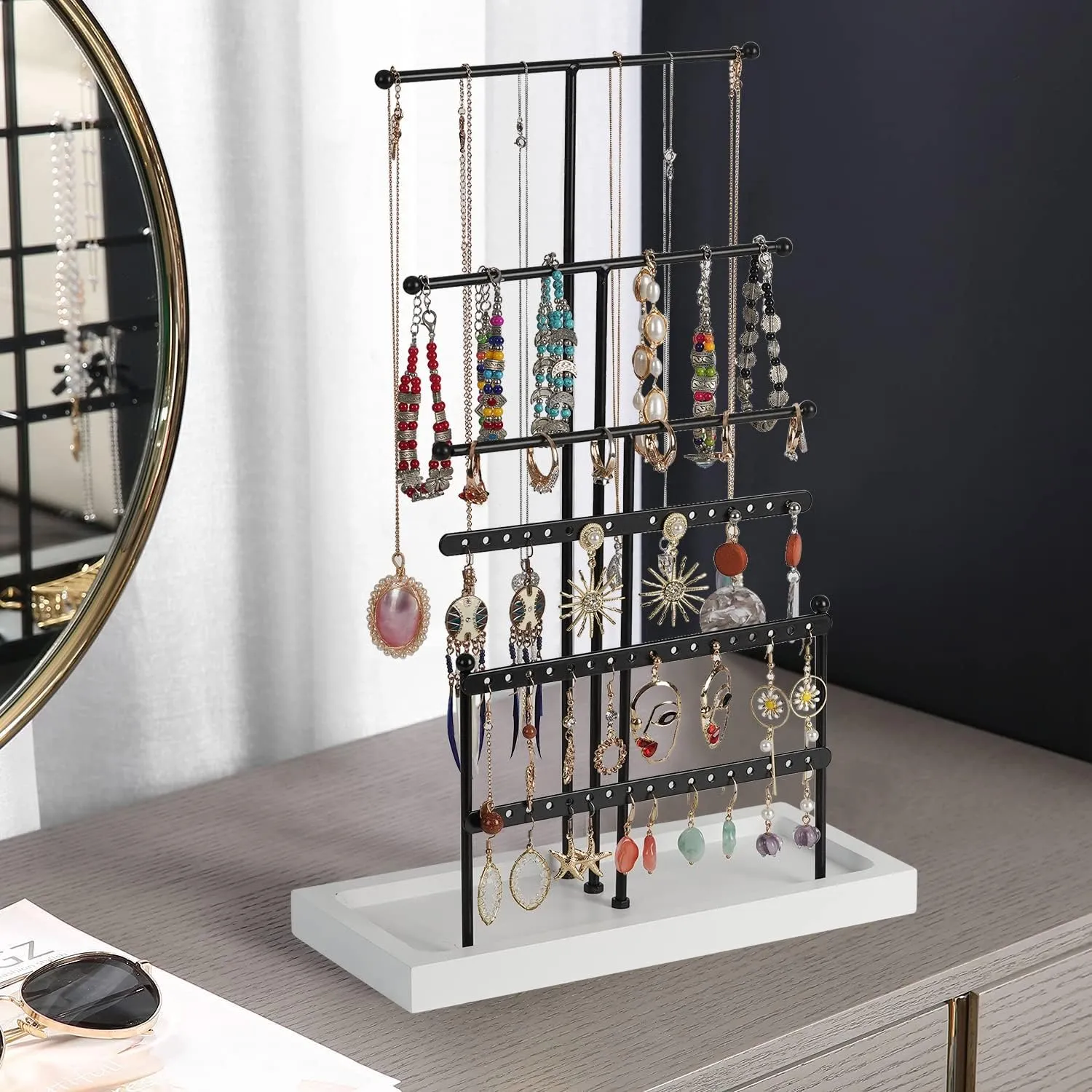 Jewelry Organizer 6 Tier Jewelry Holder Stand, Jewelry Tree Display Stand with Wood Tray, Necklace Holder Metal Tabletop Jewelry Tower for Earring Necklace Bracelet Ring, Black