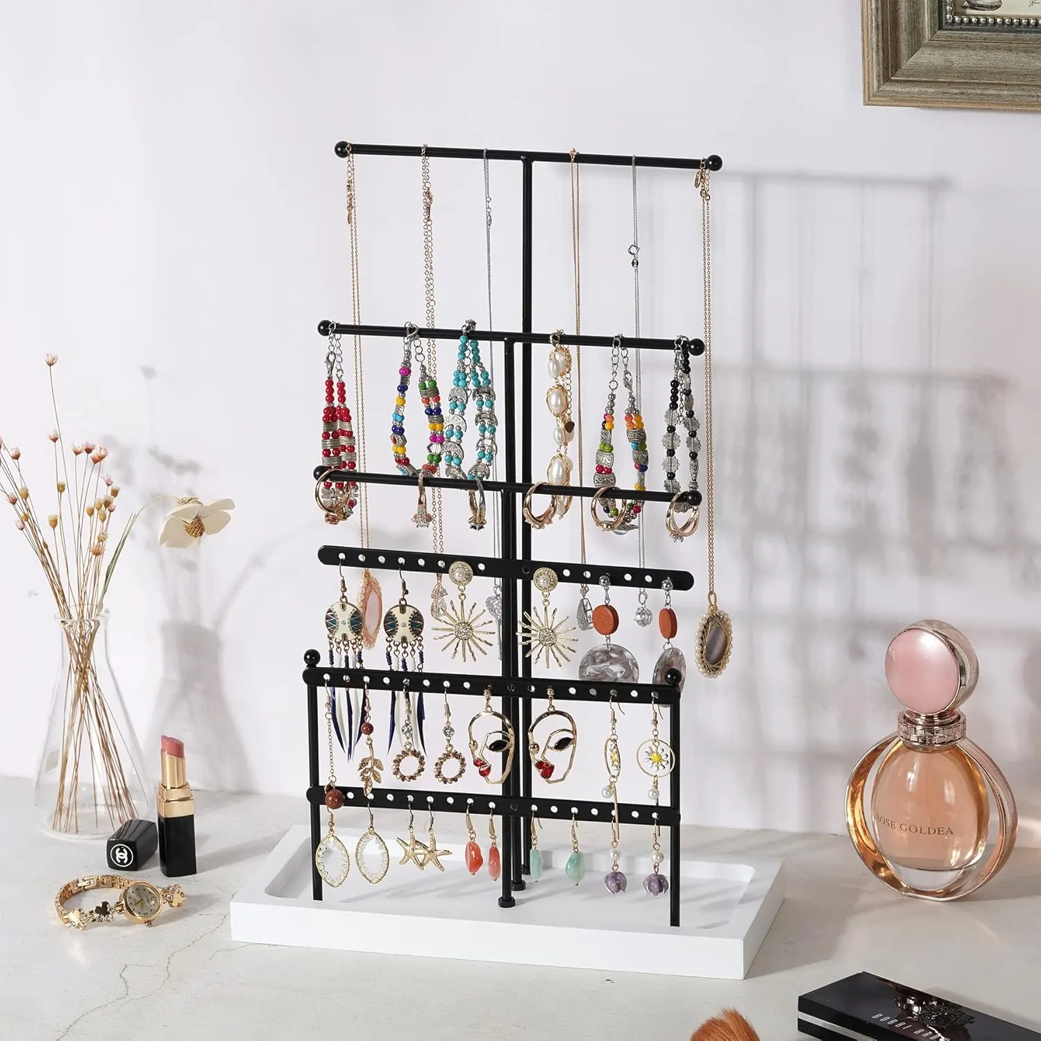 Jewelry Organizer 6 Tier Jewelry Holder Stand, Jewelry Tree Display Stand with Wood Tray, Necklace Holder Metal Tabletop Jewelry Tower for Earring Necklace Bracelet Ring, Black