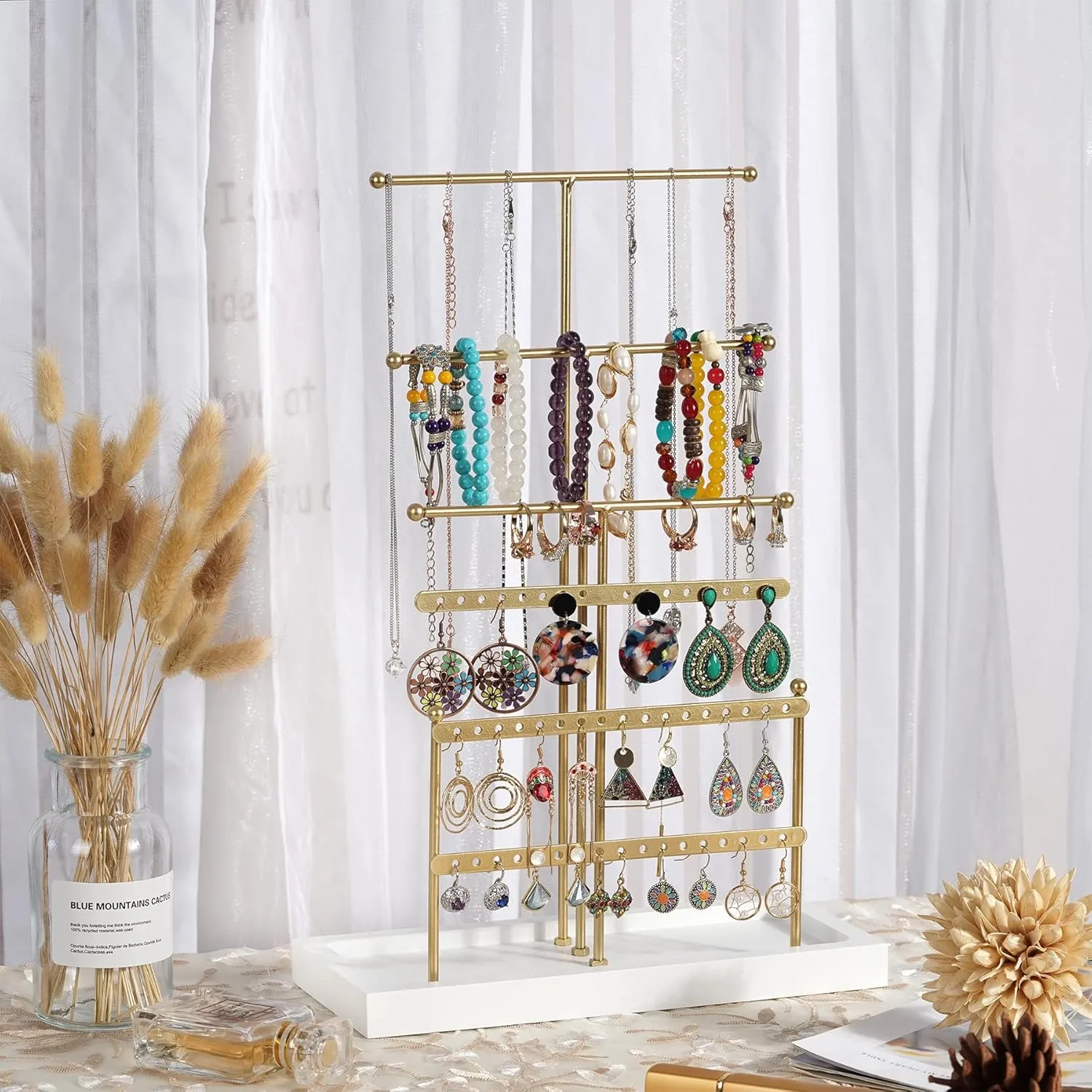 Jewelry Organizer Jewelry Holder, 6 Tier Earring Organizer Earring Holder Stand, Golden Necklace Holder Jewelry Tree for Earring Necklace Bracelet Ring, Women Girl Gift