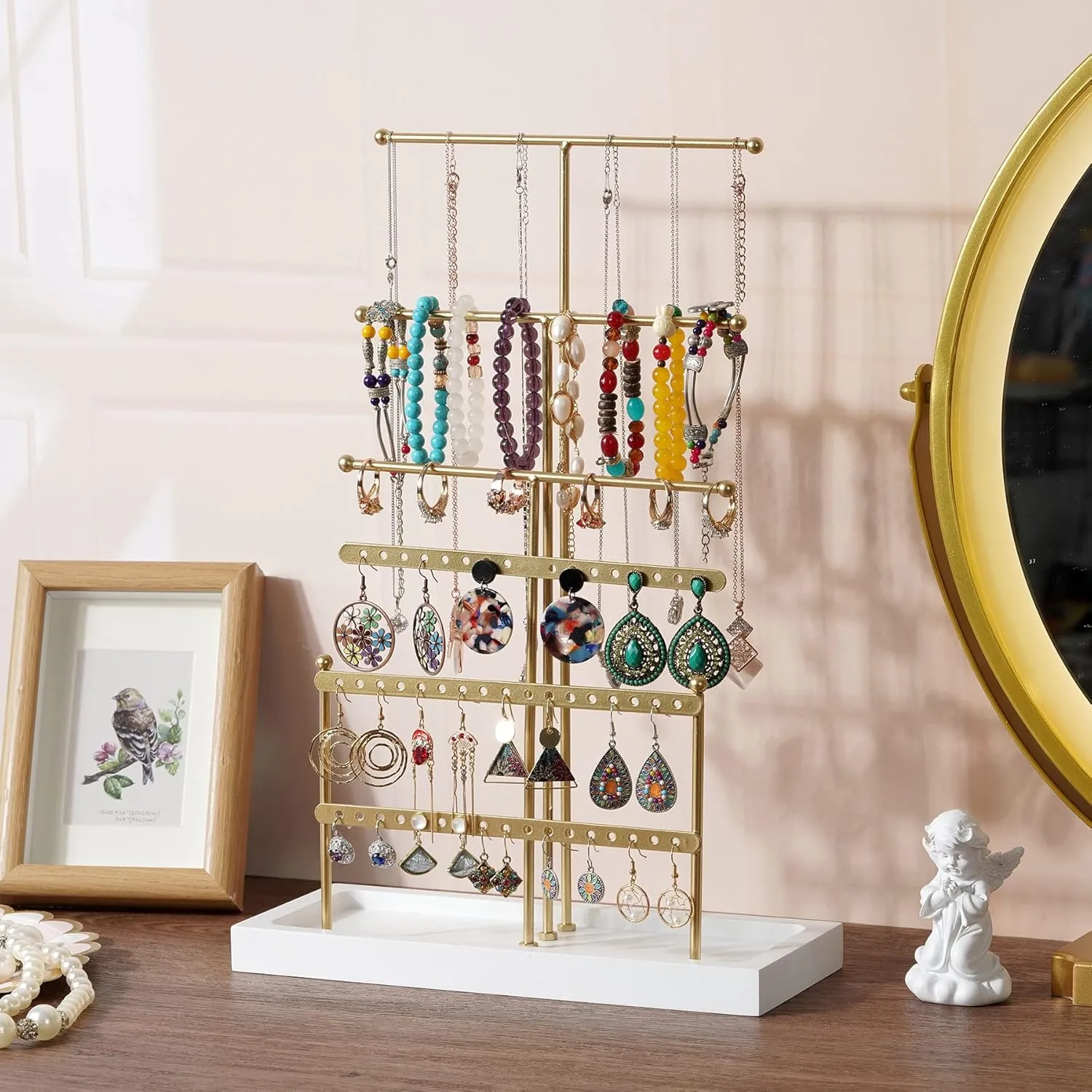 Jewelry Organizer Jewelry Holder, 6 Tier Earring Organizer Earring Holder Stand, Golden Necklace Holder Jewelry Tree for Earring Necklace Bracelet Ring, Women Girl Gift