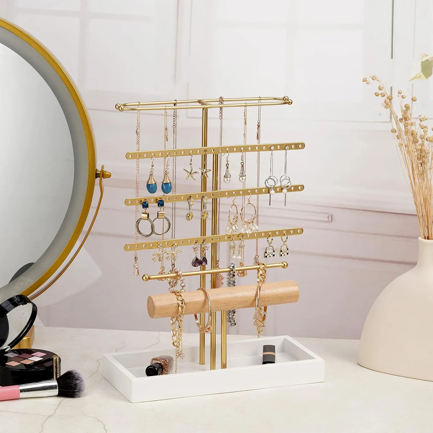 Jewelry Organizer Stand Earring Holder Earring Organizer, 6 Tier Necklace Holder Jewelry Holder Jewelry Tower Rack for Earring Necklace Bracelet Ring, Women Girl Gift, Gold