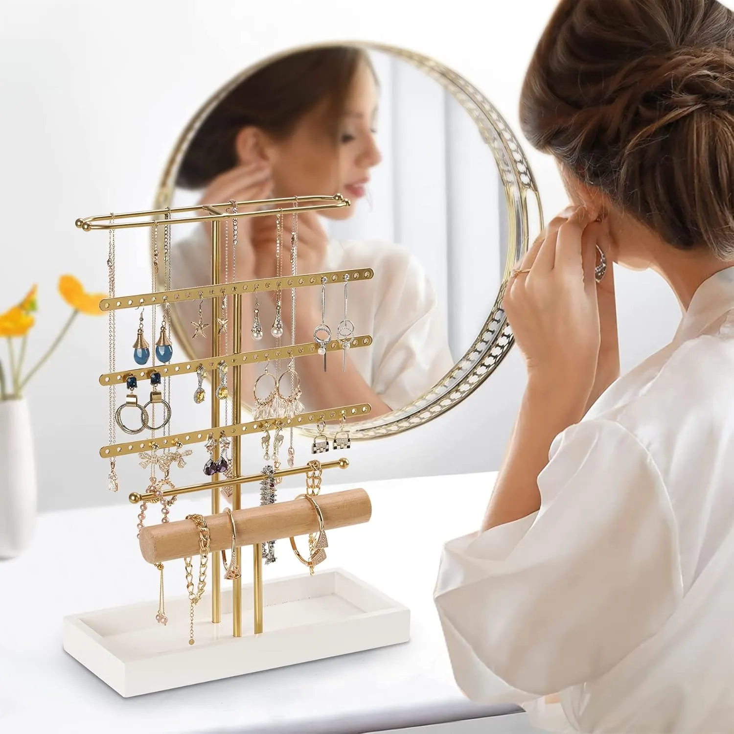 Jewelry Organizer Stand Earring Holder Earring Organizer, 6 Tier Necklace Holder Jewelry Holder Jewelry Tower Rack for Earring Necklace Bracelet Ring, Women Girl Gift, Gold