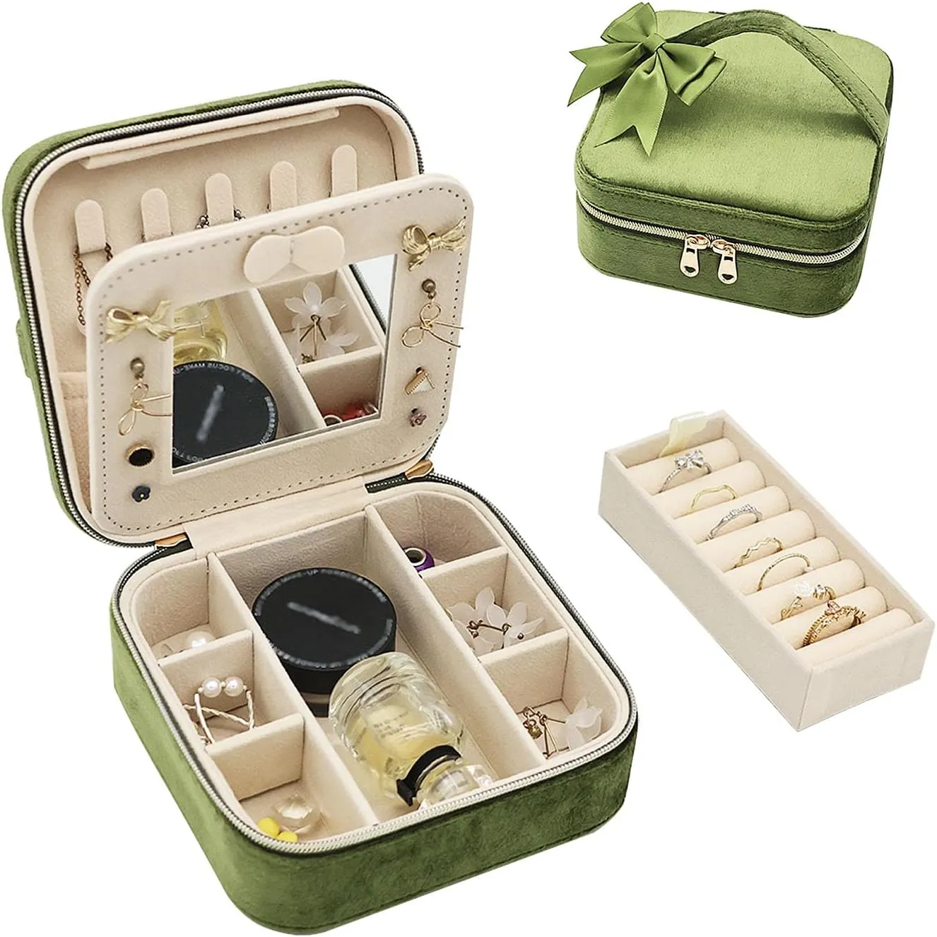 Jewelry Travel Case, Small Jewelry Box With Mirror, Velvet Travel Jewelry Boxes for Women, Necklace Ring Earring Organizer Box for Travel Vacation(Olive Green)