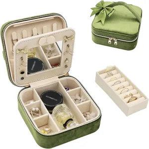 Jewelry Travel Case, Small Jewelry Box With Mirror, Velvet Travel Jewelry Boxes for Women, Necklace Ring Earring Organizer Box for Travel Vacation(Olive Green)