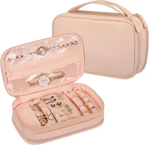 Jewelry Travel Organizer Case, Double Layer Portable Jewelry Storage Bag Zipper Jewelry Organizer Pouch for Women Girls, Rings, Necklaces, Earrings, Bracelets, Watches, Rose Gold