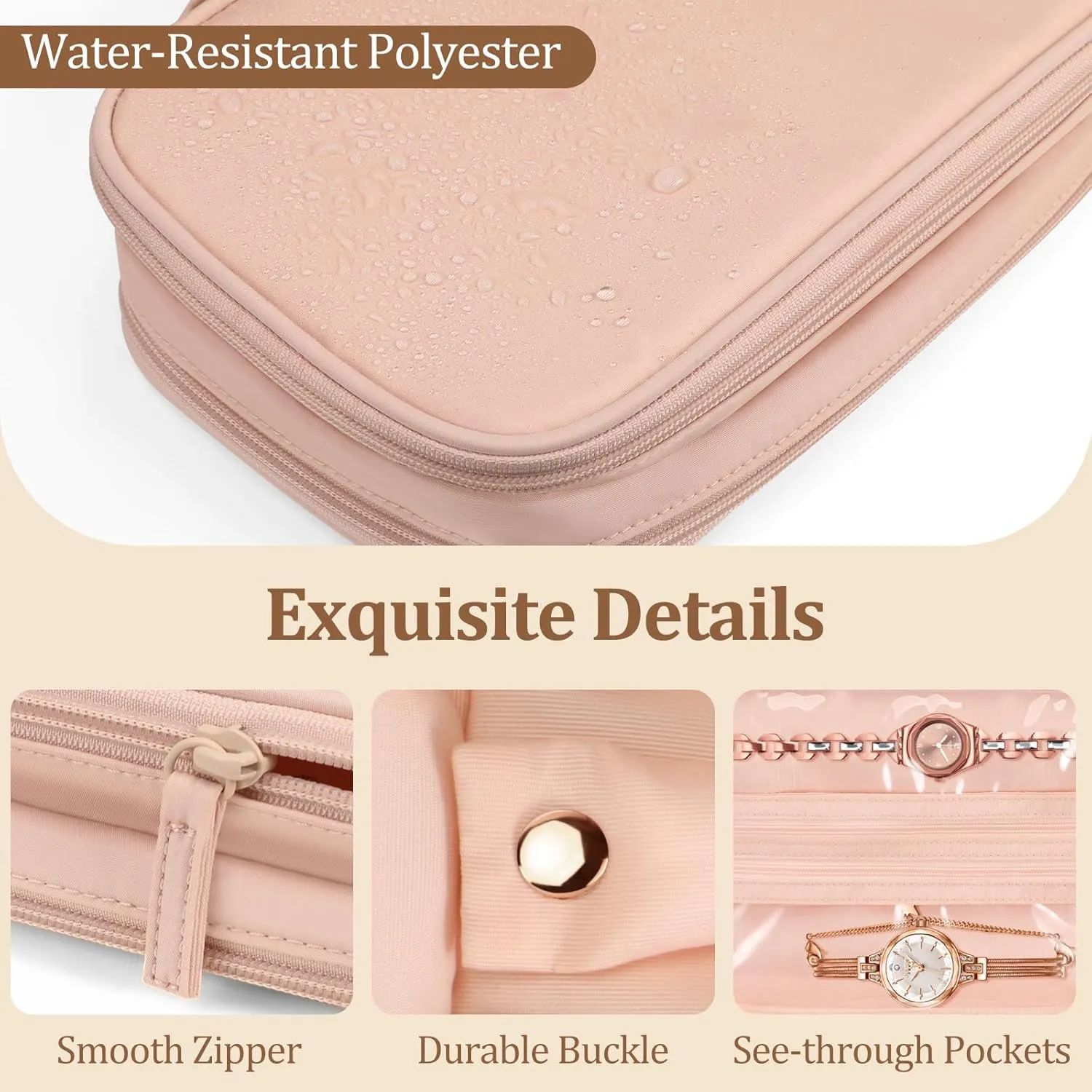 Jewelry Travel Organizer Case, Double Layer Portable Jewelry Storage Bag Zipper Jewelry Organizer Pouch for Women Girls, Rings, Necklaces, Earrings, Bracelets, Watches, Rose Gold