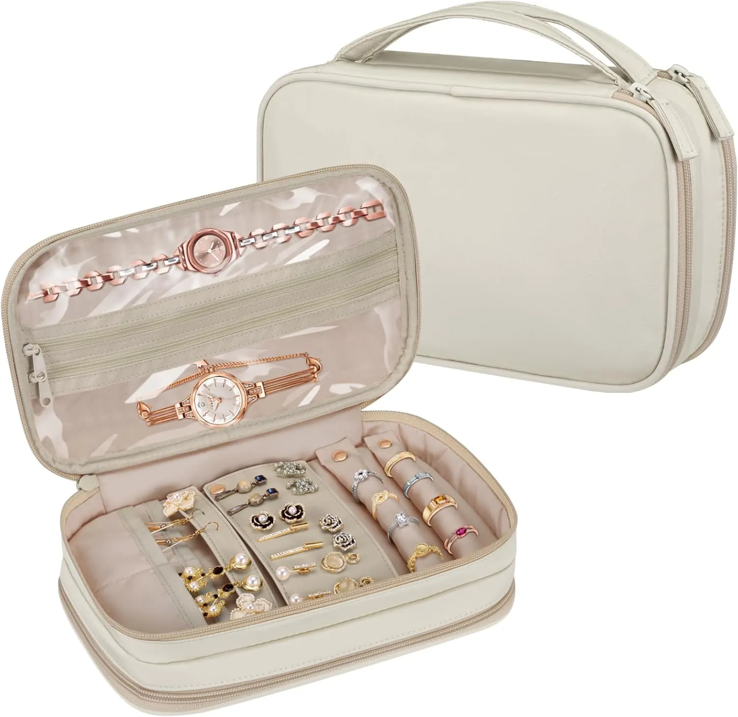 Jewelry Travel Organizer Case, Double Layer Portable Jewelry Storage Bag Zipper Jewelry Organizer Pouch for Women Girls, Rings, Necklaces, Earrings, Bracelets, Watches, White
