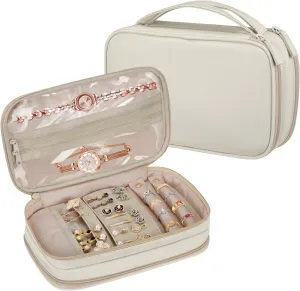 Jewelry Travel Organizer Case, Double Layer Portable Jewelry Storage Bag Zipper Jewelry Organizer Pouch for Women Girls, Rings, Necklaces, Earrings, Bracelets, Watches, White