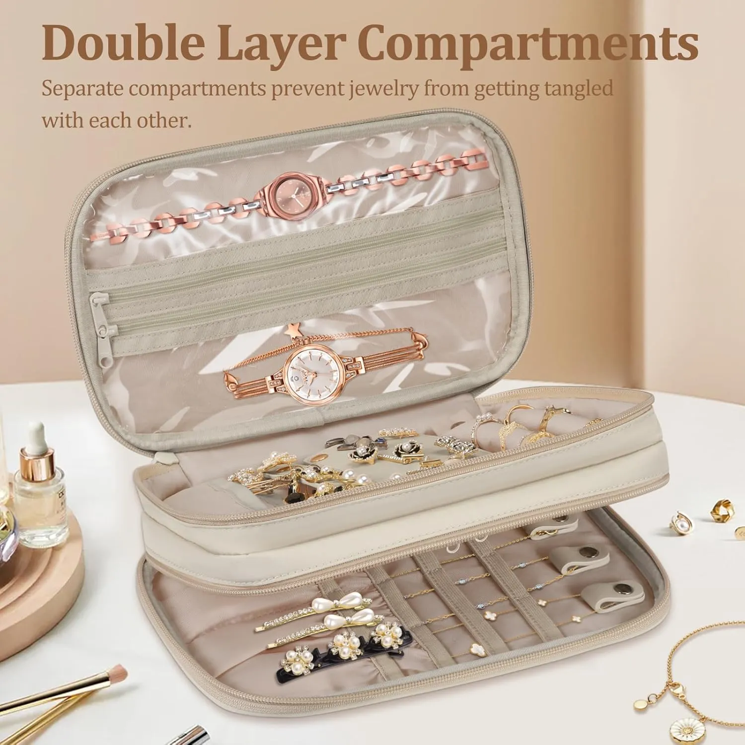 Jewelry Travel Organizer Case, Double Layer Portable Jewelry Storage Bag Zipper Jewelry Organizer Pouch for Women Girls, Rings, Necklaces, Earrings, Bracelets, Watches, White