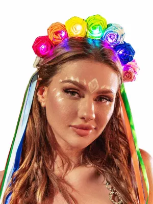 JONKY Rainbow Flower Light Up Headband Floral Glow Headbands Tassel Headpiece Led Rave Hair Accessories for Women and Girls
