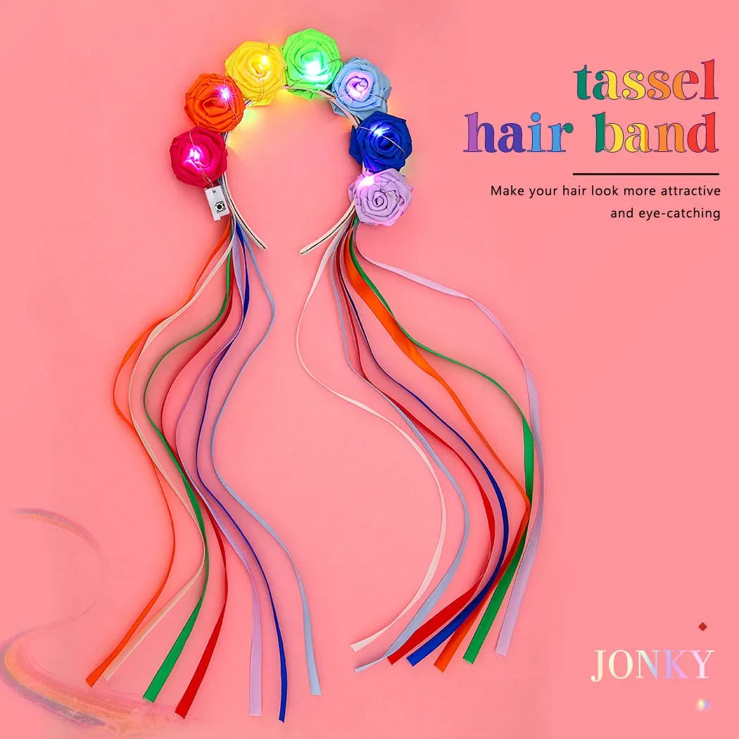 JONKY Rainbow Flower Light Up Headband Floral Glow Headbands Tassel Headpiece Led Rave Hair Accessories for Women and Girls