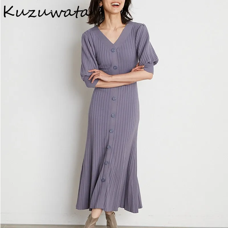 Joskaa Christmas Gift Kuzuwata 2024 Autumn New Fashion Dresses V Neck Solid Puff Sleeve Slim Knitted Mermaid Vestidos Japan Style Sexy Women Robes