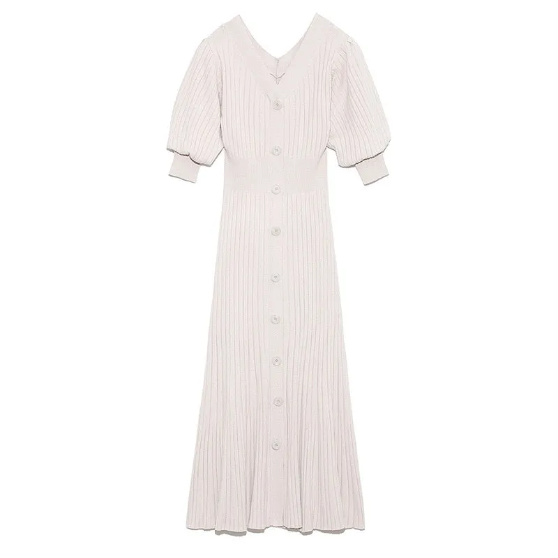 Joskaa Christmas Gift Kuzuwata 2024 Autumn New Fashion Dresses V Neck Solid Puff Sleeve Slim Knitted Mermaid Vestidos Japan Style Sexy Women Robes