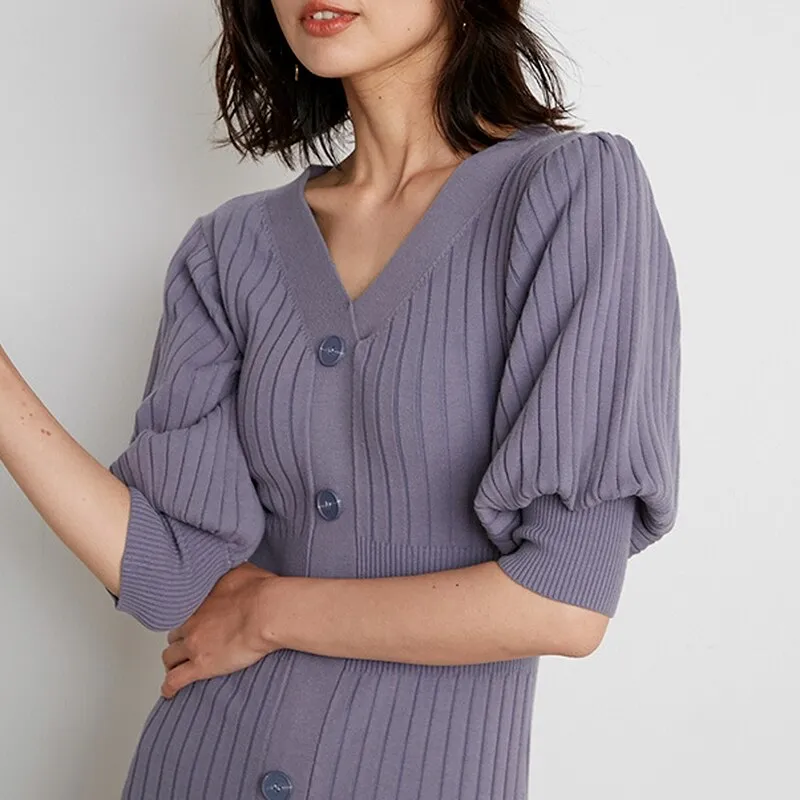 Joskaa Christmas Gift Kuzuwata 2024 Autumn New Fashion Dresses V Neck Solid Puff Sleeve Slim Knitted Mermaid Vestidos Japan Style Sexy Women Robes
