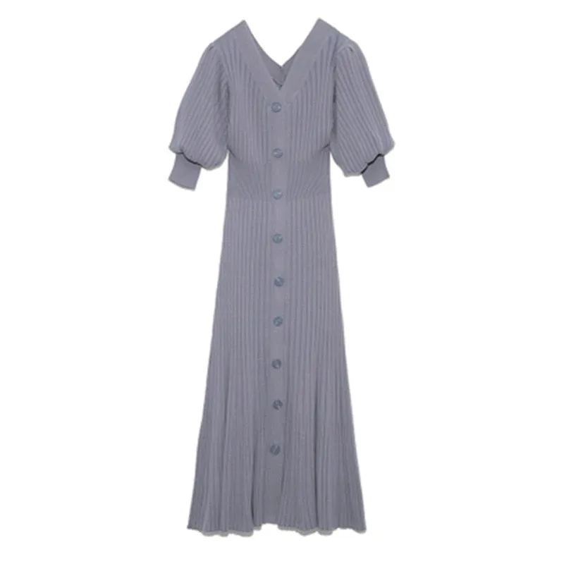 Joskaa Christmas Gift Kuzuwata 2024 Autumn New Fashion Dresses V Neck Solid Puff Sleeve Slim Knitted Mermaid Vestidos Japan Style Sexy Women Robes