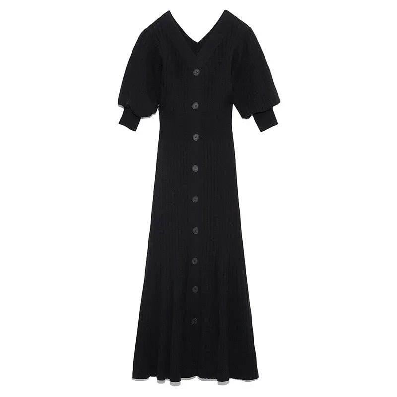 Joskaa Christmas Gift Kuzuwata 2024 Autumn New Fashion Dresses V Neck Solid Puff Sleeve Slim Knitted Mermaid Vestidos Japan Style Sexy Women Robes