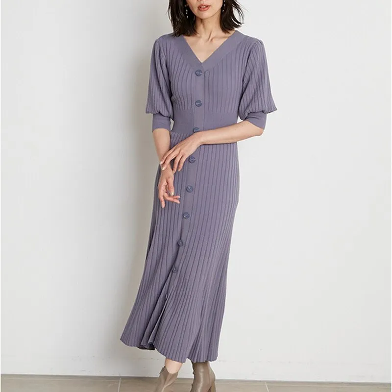 Joskaa Christmas Gift Kuzuwata 2024 Autumn New Fashion Dresses V Neck Solid Puff Sleeve Slim Knitted Mermaid Vestidos Japan Style Sexy Women Robes