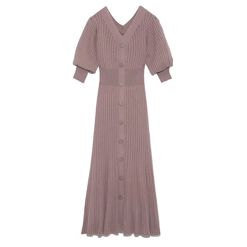 Joskaa Christmas Gift Kuzuwata 2024 Autumn New Fashion Dresses V Neck Solid Puff Sleeve Slim Knitted Mermaid Vestidos Japan Style Sexy Women Robes