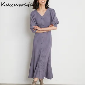Joskaa Christmas Gift Kuzuwata 2024 Autumn New Fashion Dresses V Neck Solid Puff Sleeve Slim Knitted Mermaid Vestidos Japan Style Sexy Women Robes