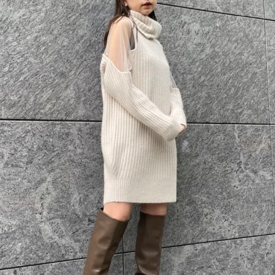 Joskaa Christmas Gift Kuzuwata New Autumn Winter Women Robes Turtleneck Sexy Tulle Off Shoulder Softable Knitted Sweater Dresses Knee Length Vestidos