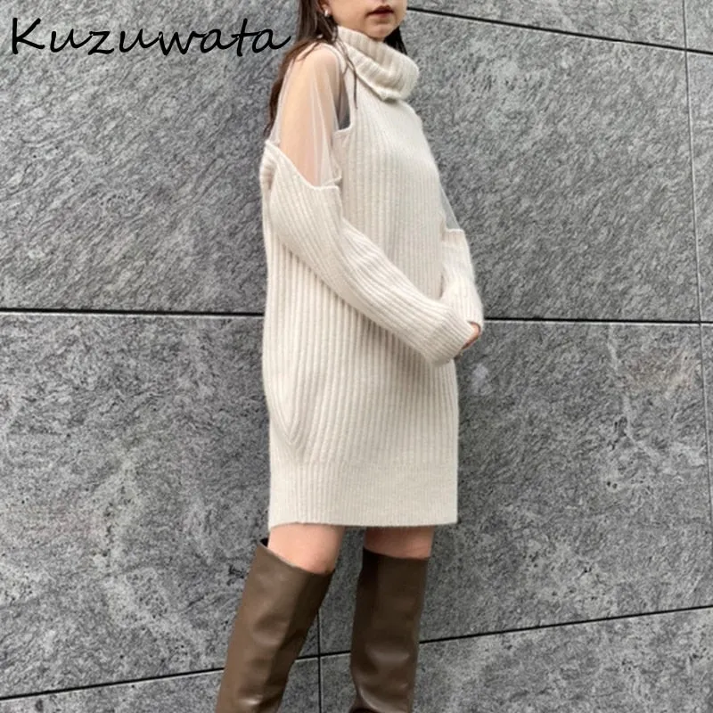 Joskaa Christmas Gift Kuzuwata New Autumn Winter Women Robes Turtleneck Sexy Tulle Off Shoulder Softable Knitted Sweater Dresses Knee Length Vestidos