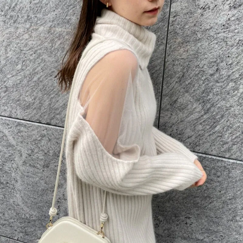 Joskaa Christmas Gift Kuzuwata New Autumn Winter Women Robes Turtleneck Sexy Tulle Off Shoulder Softable Knitted Sweater Dresses Knee Length Vestidos