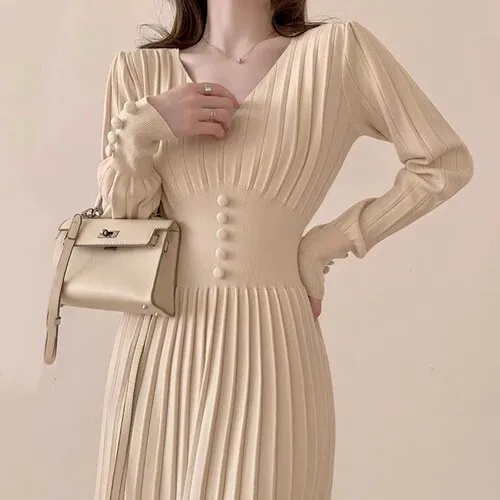 Joskaa Christmas Gift Long Sleeve Pleated Knitted Dress Korean Chic Autumn French Solid V-neck Robes Button Slim Waist Vestido Feminino