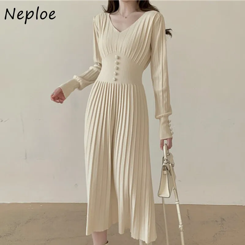 Joskaa Christmas Gift Long Sleeve Pleated Knitted Dress Korean Chic Autumn French Solid V-neck Robes Button Slim Waist Vestido Feminino